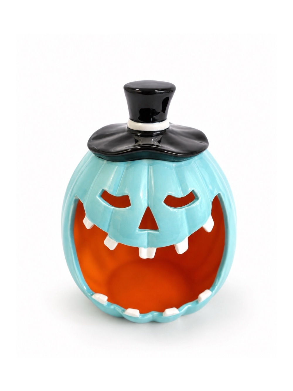 Ceramic Jack-o'-Lantern Candy Bowl in Turquoise with Black Hat